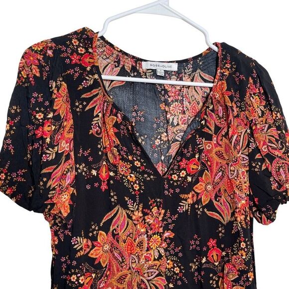 Rose + Olive Blouse Women's Small V-Neck Floral Short Sleeve Puff Artsy Top - Picture 2 of 10